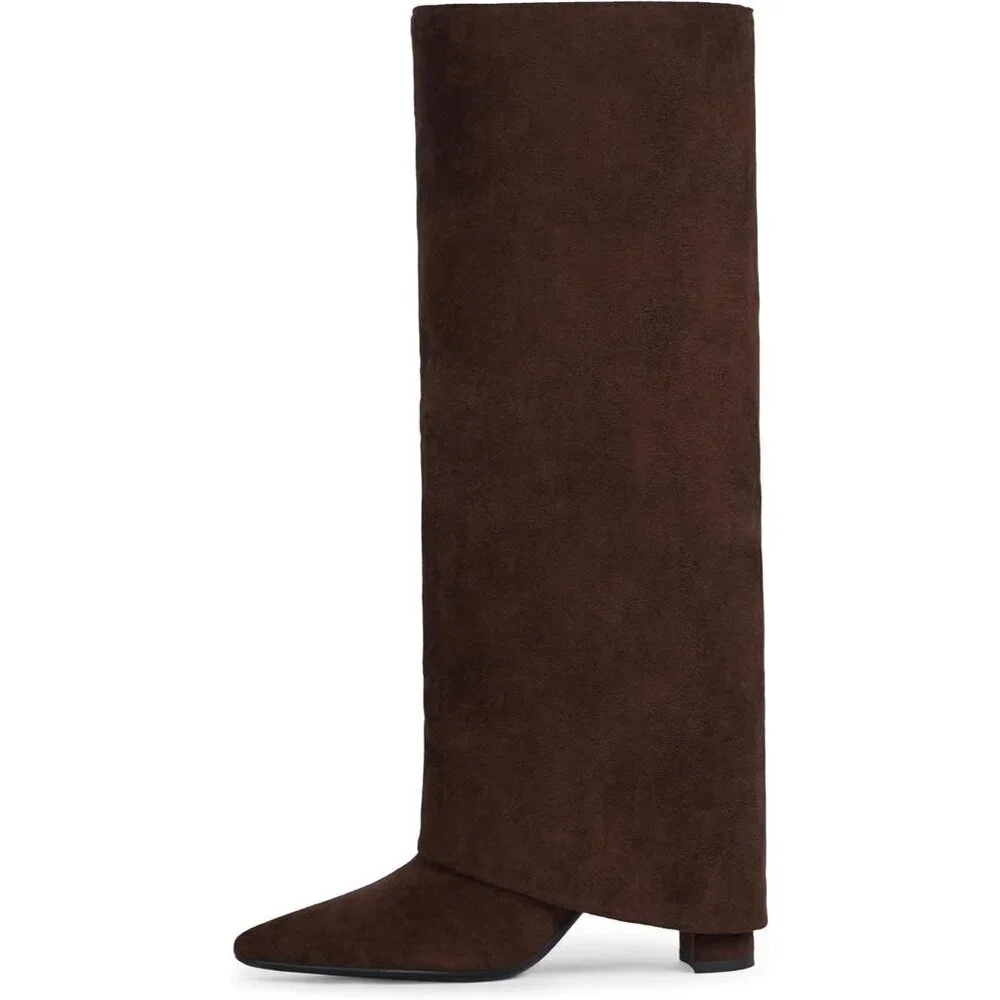 Women Suede Chocolate Faux Leather Fold Over Knee High Chunky High Heels Boot